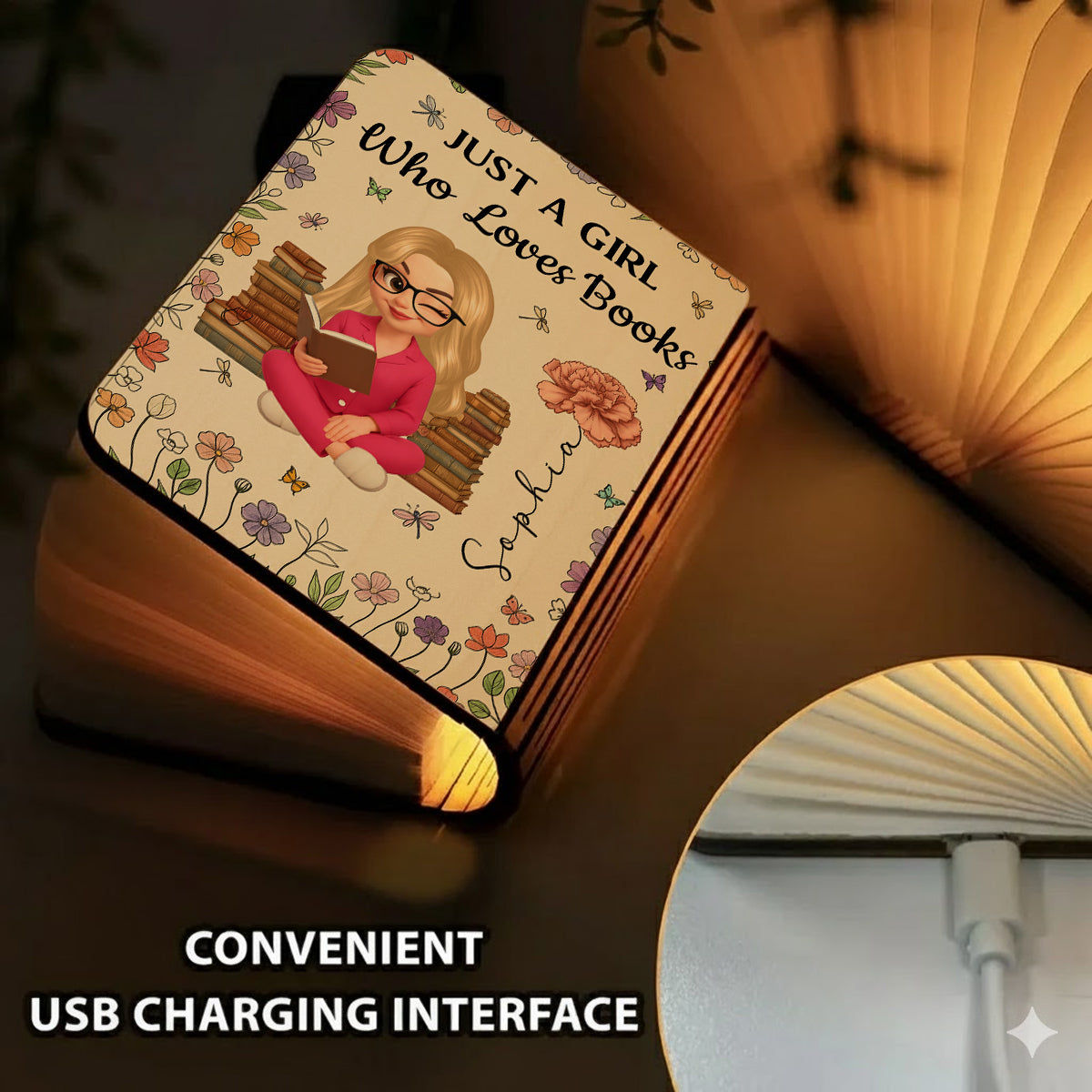 Personalized book lamp featuring a reading girl with birth month flowers, perfect for book lovers.