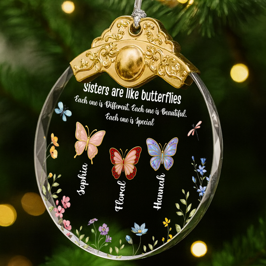Sister Are The Gardeners of Our Souls personalized glass ornament with silver and gold cap.