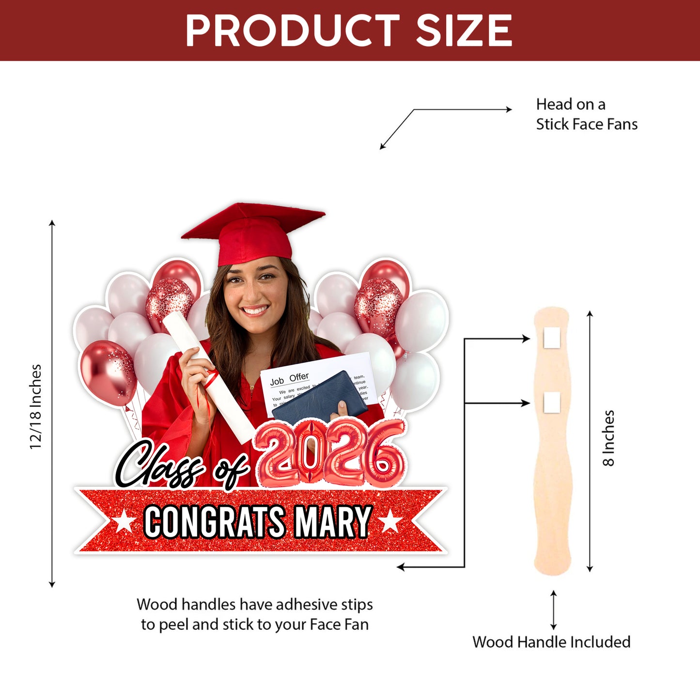 Personalized Graduation Balloon Face Fans With Wooden Handle - Fans Faces Class Of 2026