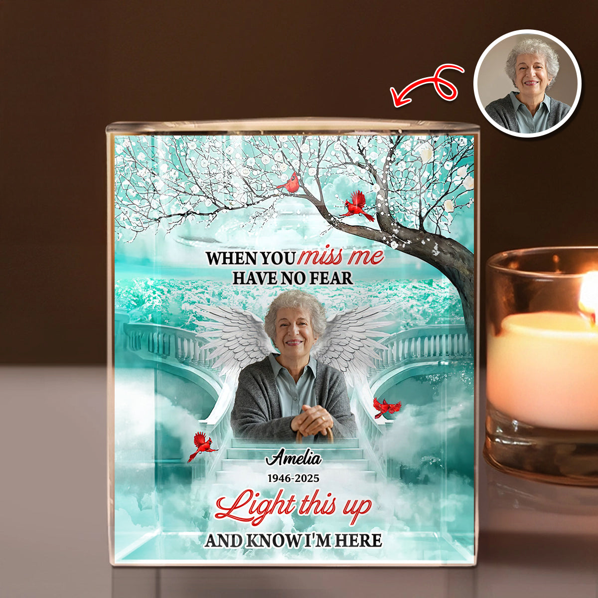 Memorial Upload Photo Wings Heaven - Personalized Crystal Candle Holder