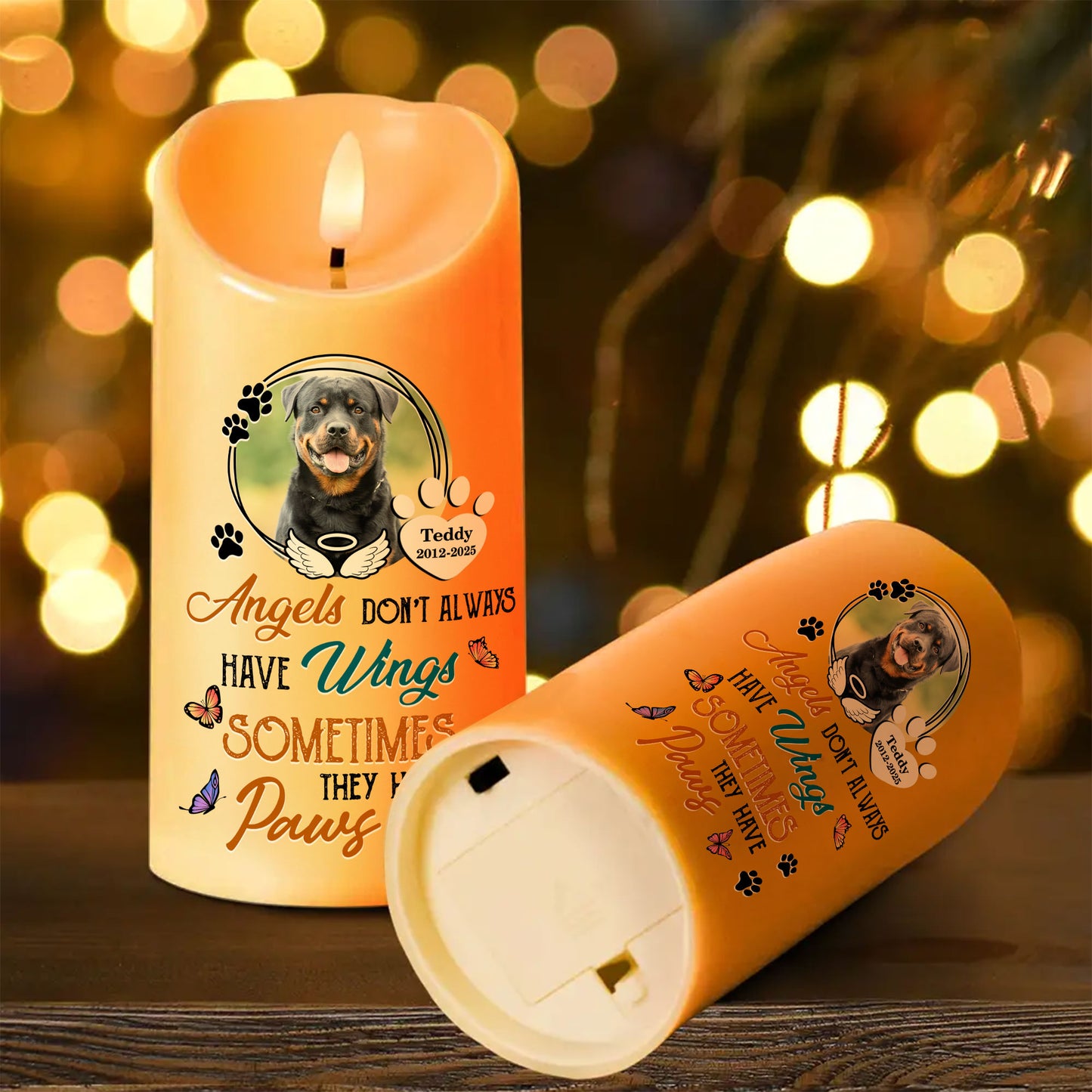 Personalized photo LED candle with pet angel wings design.