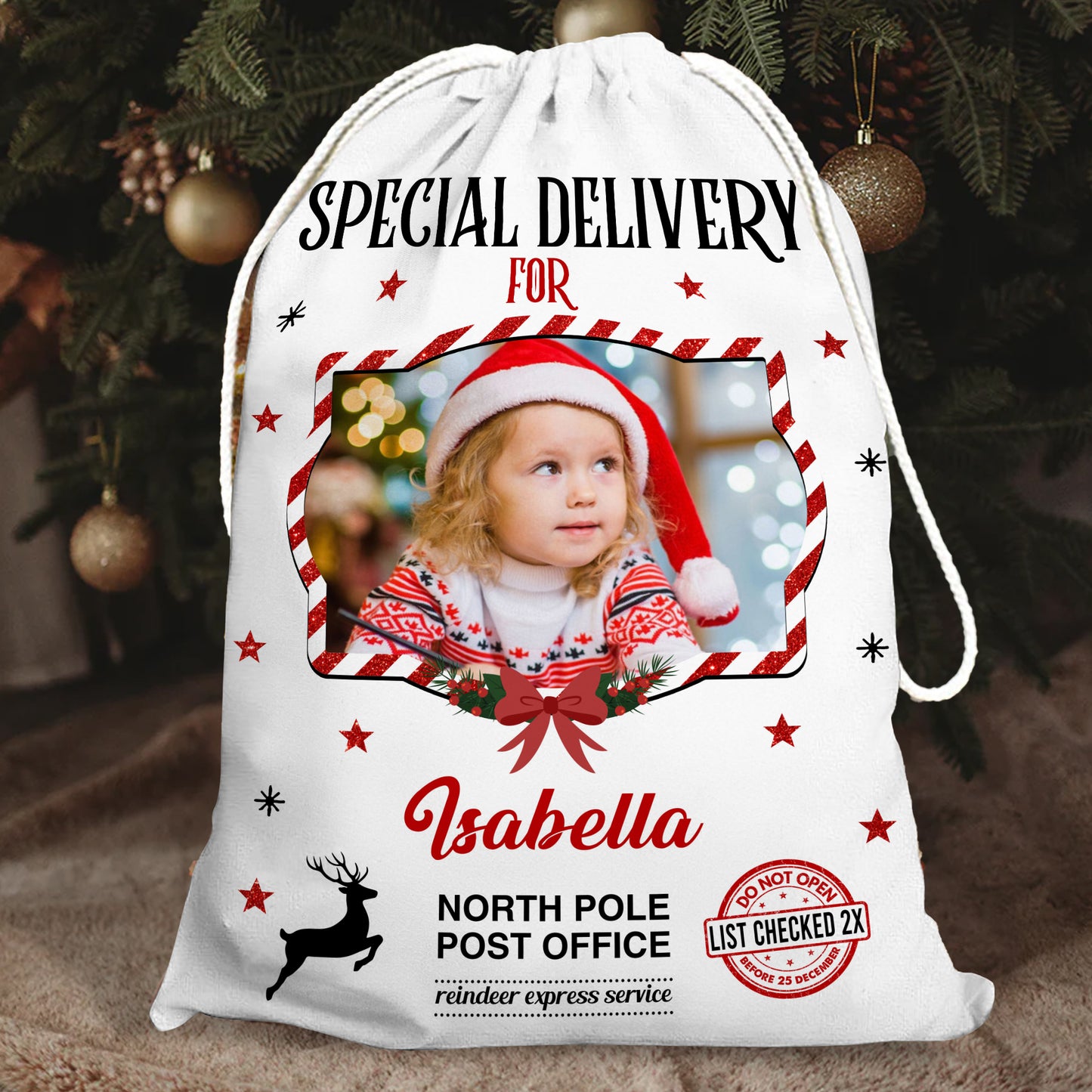Custom Photo Christmas Bag - A personalized Santa sack featuring a family photo, perfect for holiday gifts.
