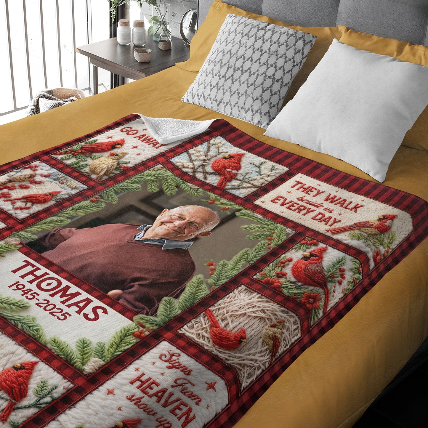 Personalized "Still Loved, Still Missed" memorial crochet yarn blanket.