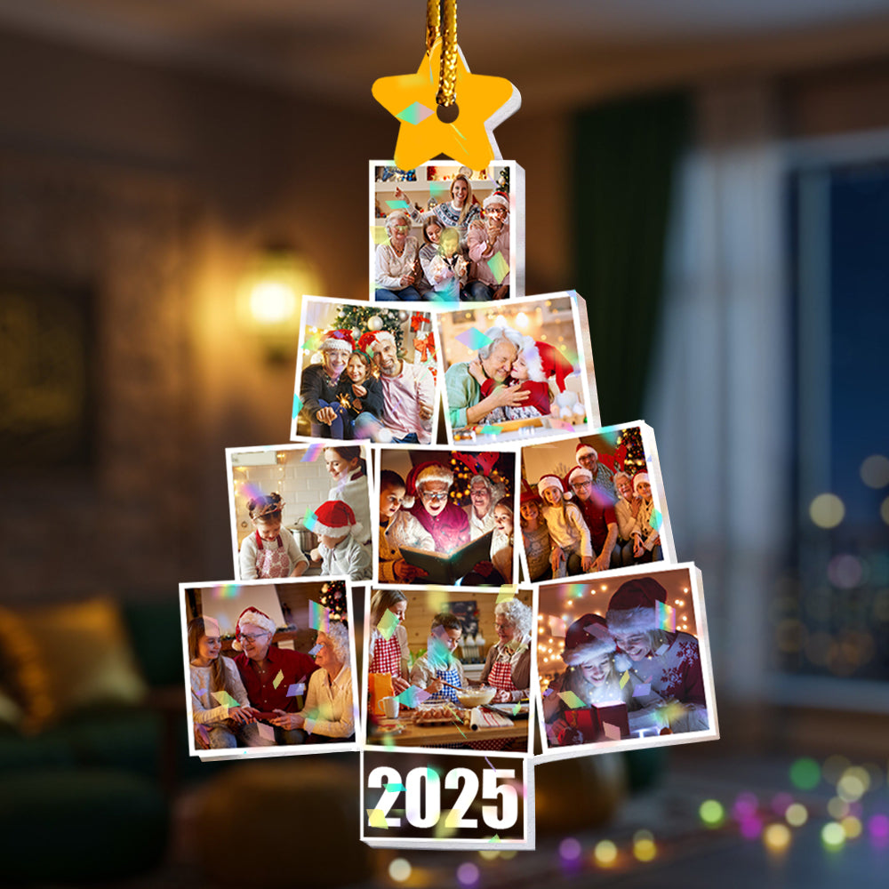 Custom family photo hologram Christmas ornament shaped like The Christmas Times newspaper.