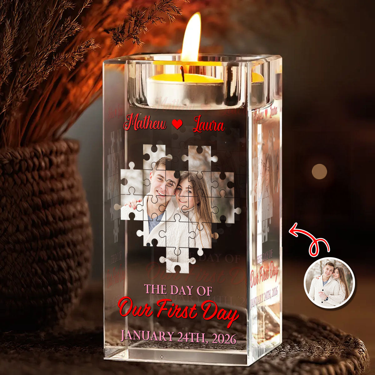 Personalized crystal candle holder, engraved with "The Day I Found My Missing Piece."
