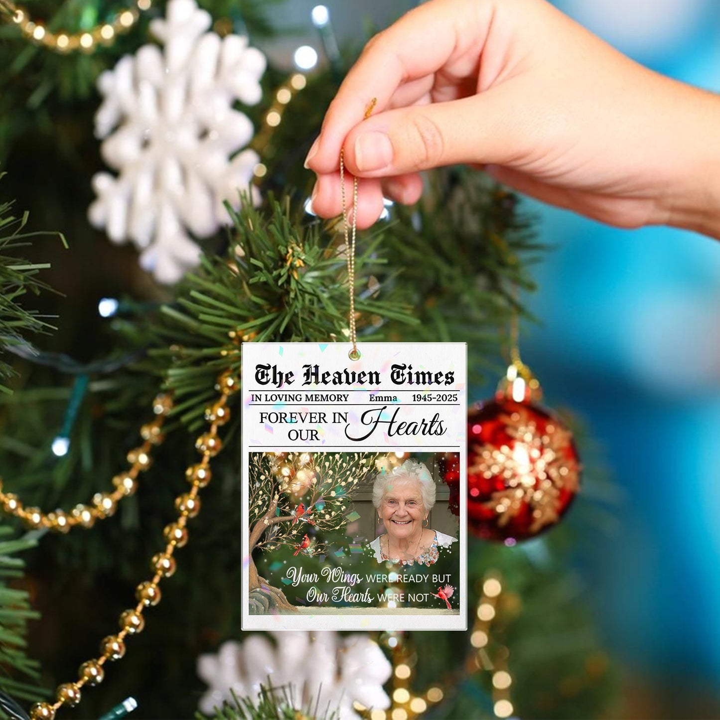 The Heaven Times custom shape hologram ornament showing a memorial design.