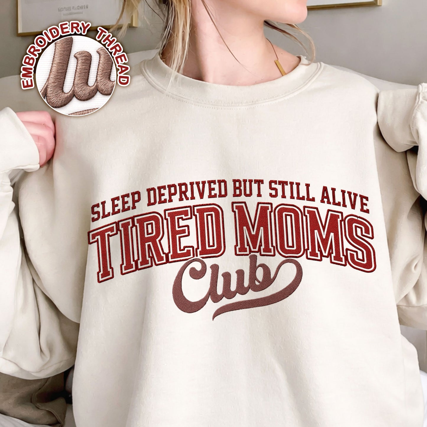 Tired Moms Club embroidered pet crewneck sweatshirt.