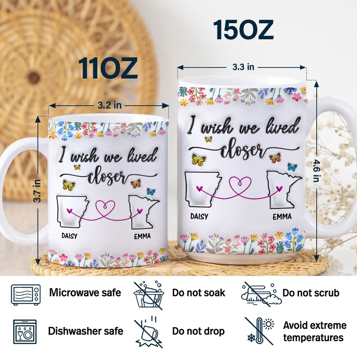 Wish We Lived Next Door Personalized Coffee Mug - Custom 3D effect mug with names and states.