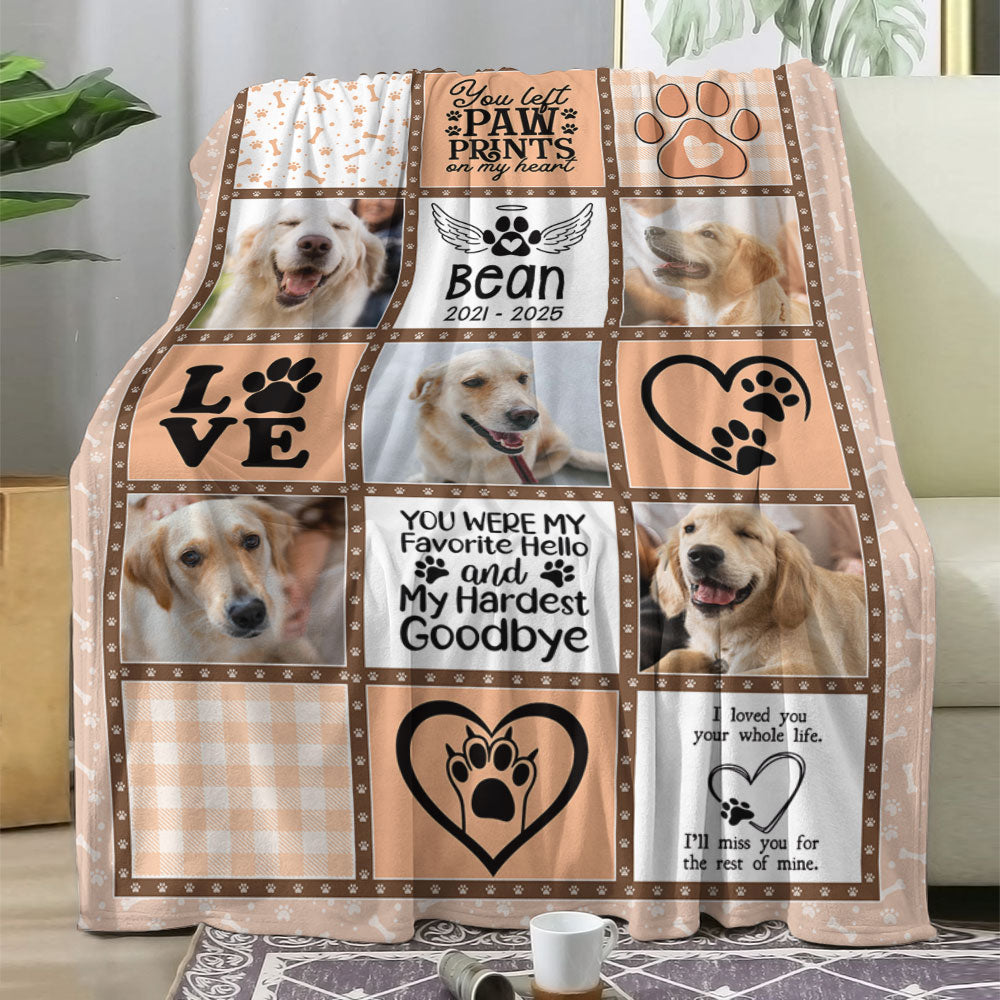 You Left Paw Prints on My Heart personalized memorial blanket, a thoughtful sympathy gift.