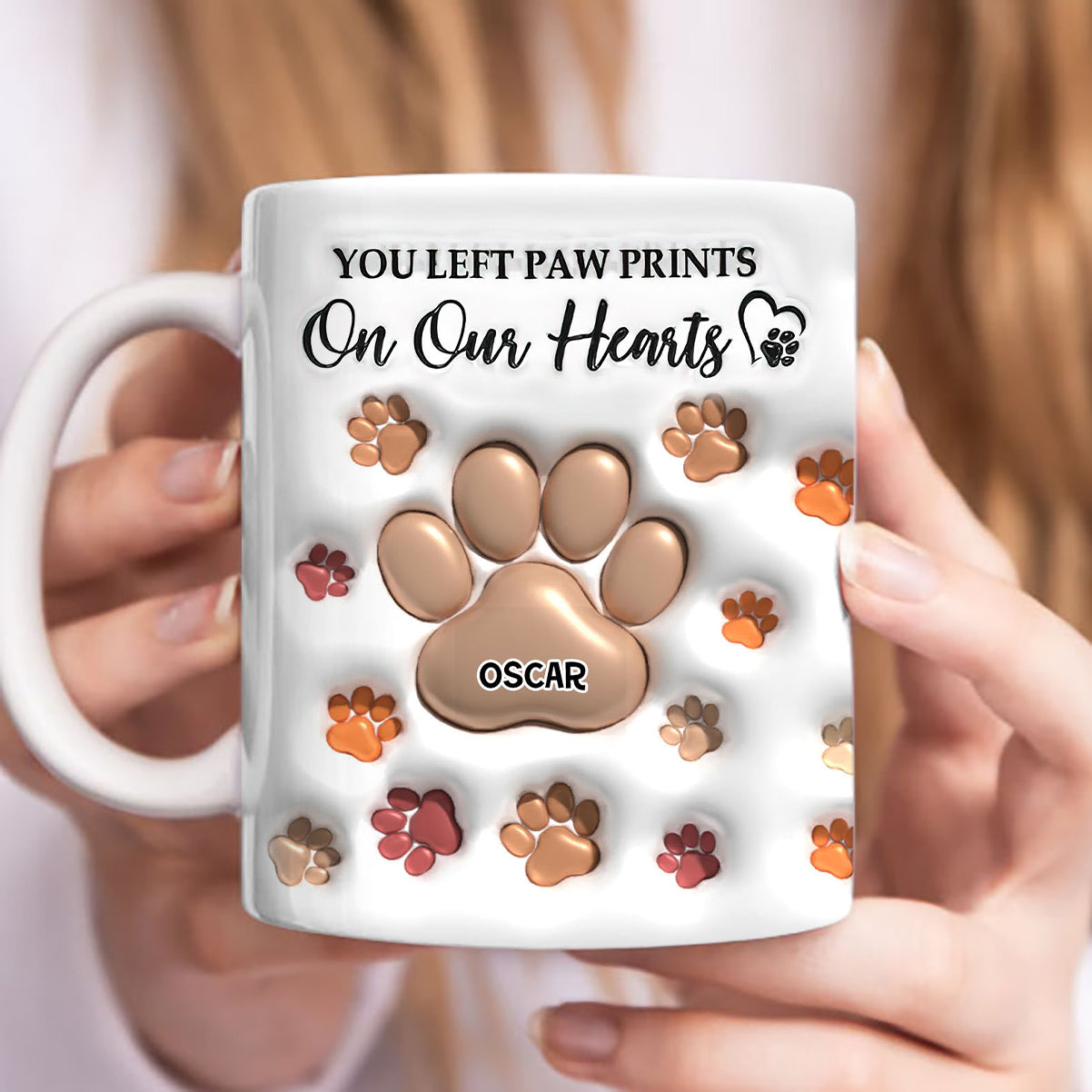 You Left Paw Prints On My Heart personalized custom coffee mug.
