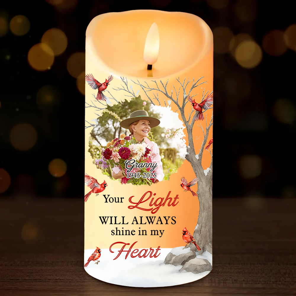 Personalized photo LED candle with custom image and heartfelt message, "Your light will always shine in my heart."