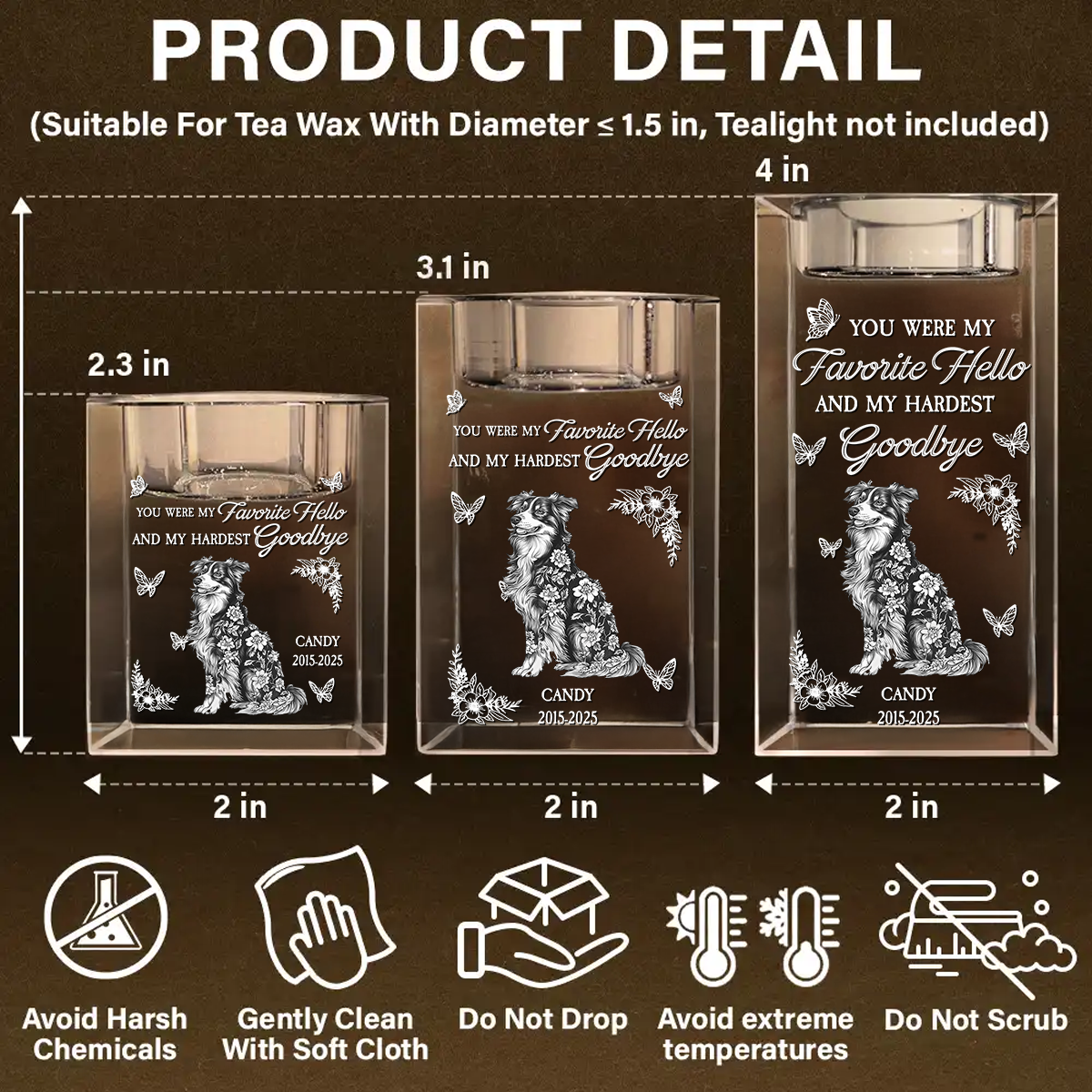 Personalized crystal candle holder with engraved message, "Your light will always shine," a thoughtful memorial gift.