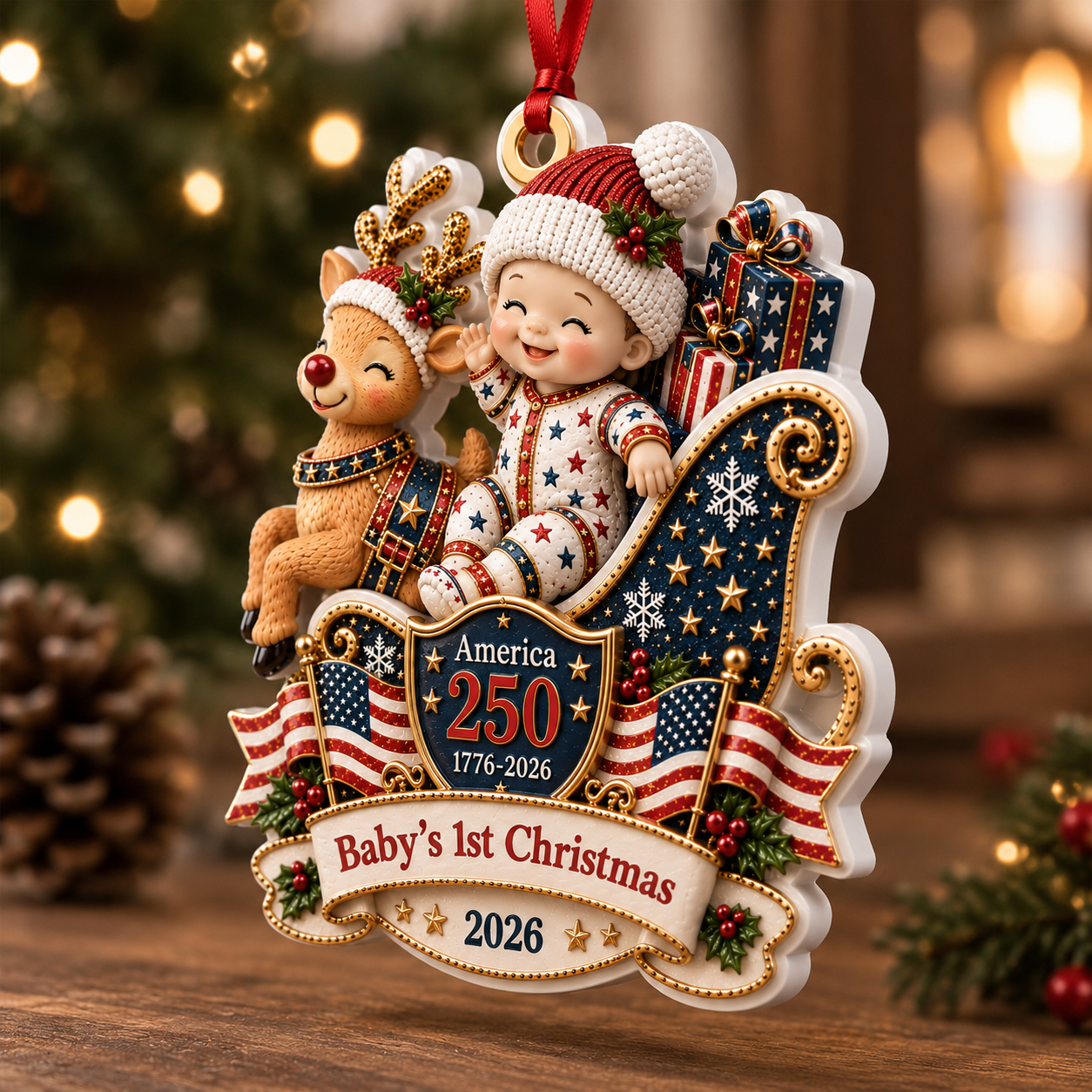 Baby's 1st Christmas In Sleigh America 250th Anniversary - Real 3D Relief Ornament