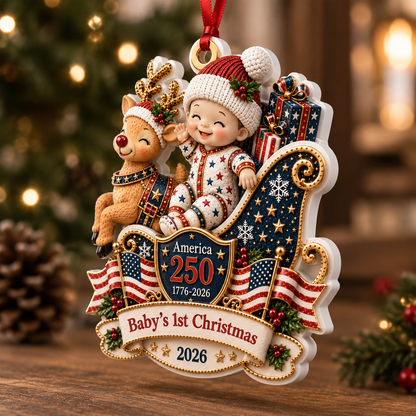 Baby's 1st Christmas In Sleigh America 250th Anniversary - Real 3D Relief Ornament