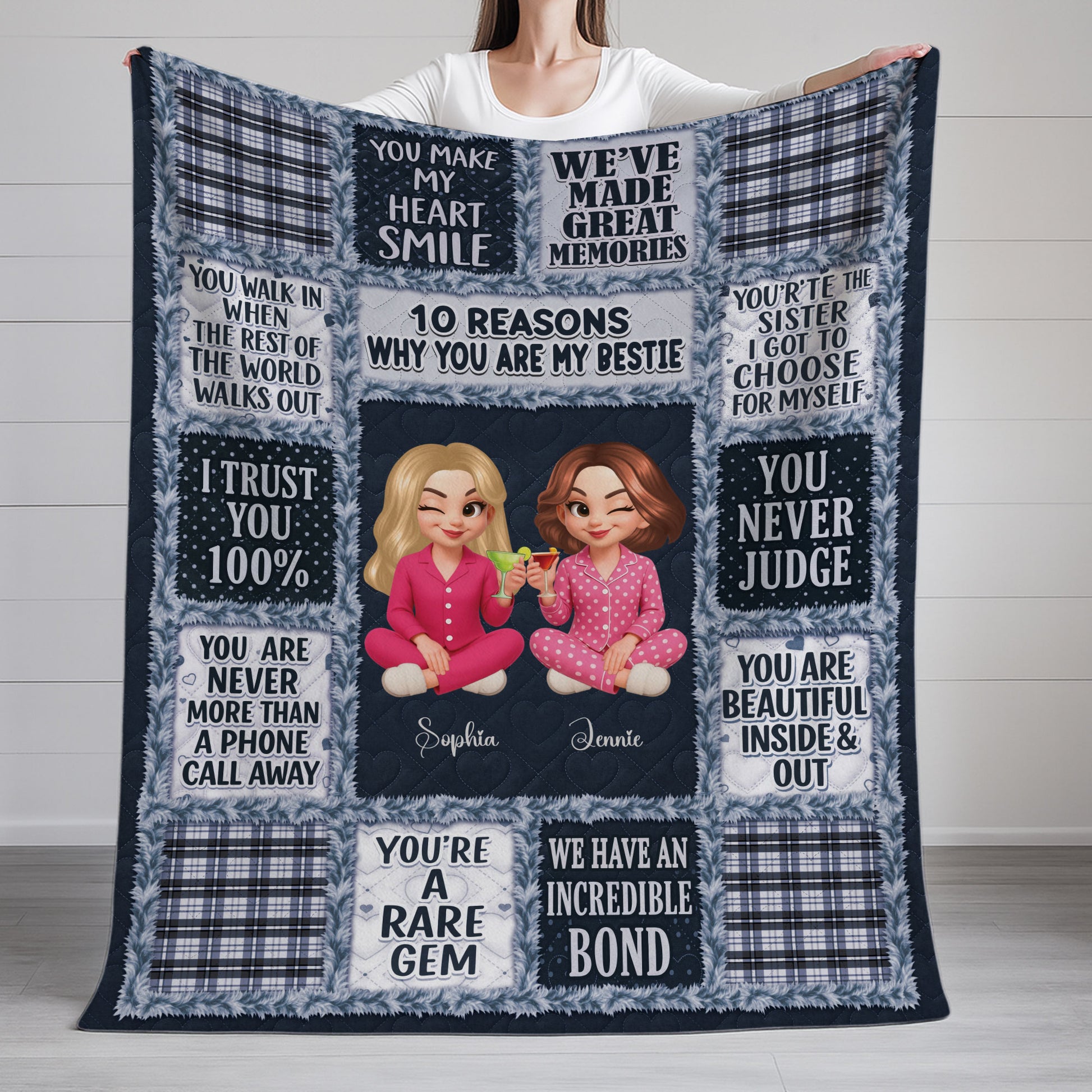 Personalized "10 Reasons Why You Are My Bestie" custom blanket with a big heart design.