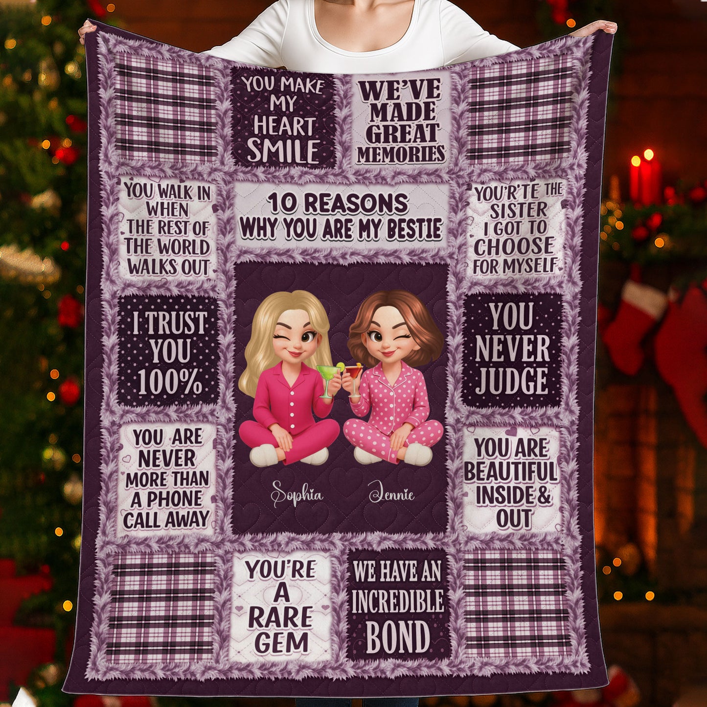 Personalized "10 Reasons Why You Are My Bestie" custom blanket with a big heart design.