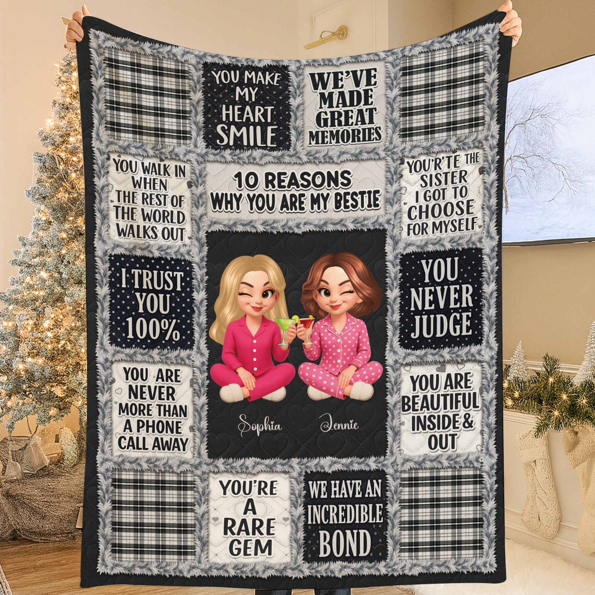 Personalized "10 Reasons Why You Are My Bestie" custom blanket with a big heart design.