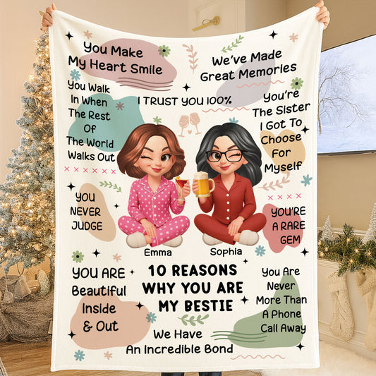Personalized "10 Reasons Why You're My Bestie" custom blanket showing a cozy, thoughtful gift.