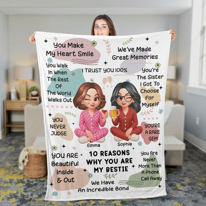 Personalized "10 Reasons Why You're My Bestie" custom blanket showing a cozy, thoughtful gift.