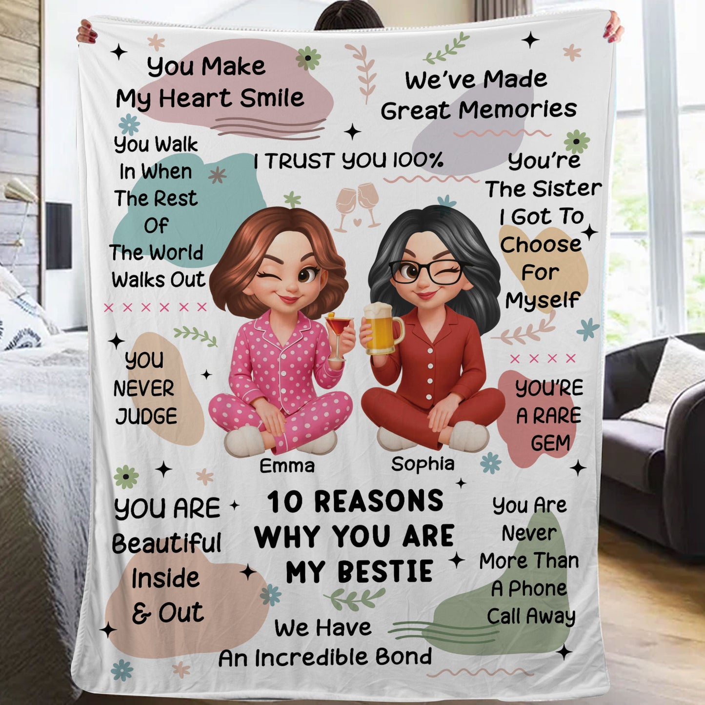 Personalized "10 Reasons Why You're My Bestie" custom blanket showing a cozy, thoughtful gift.