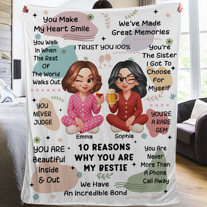 Personalized "10 Reasons Why You're My Bestie" custom blanket showing a cozy, thoughtful gift.