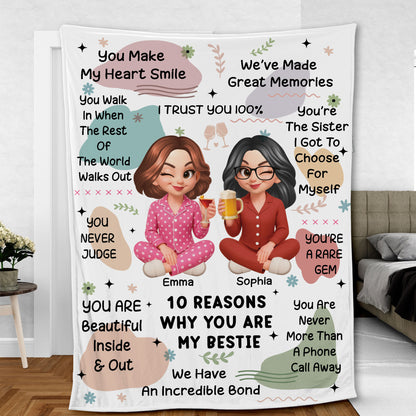 Personalized "10 Reasons Why You're My Bestie" custom blanket showing a cozy, thoughtful gift.