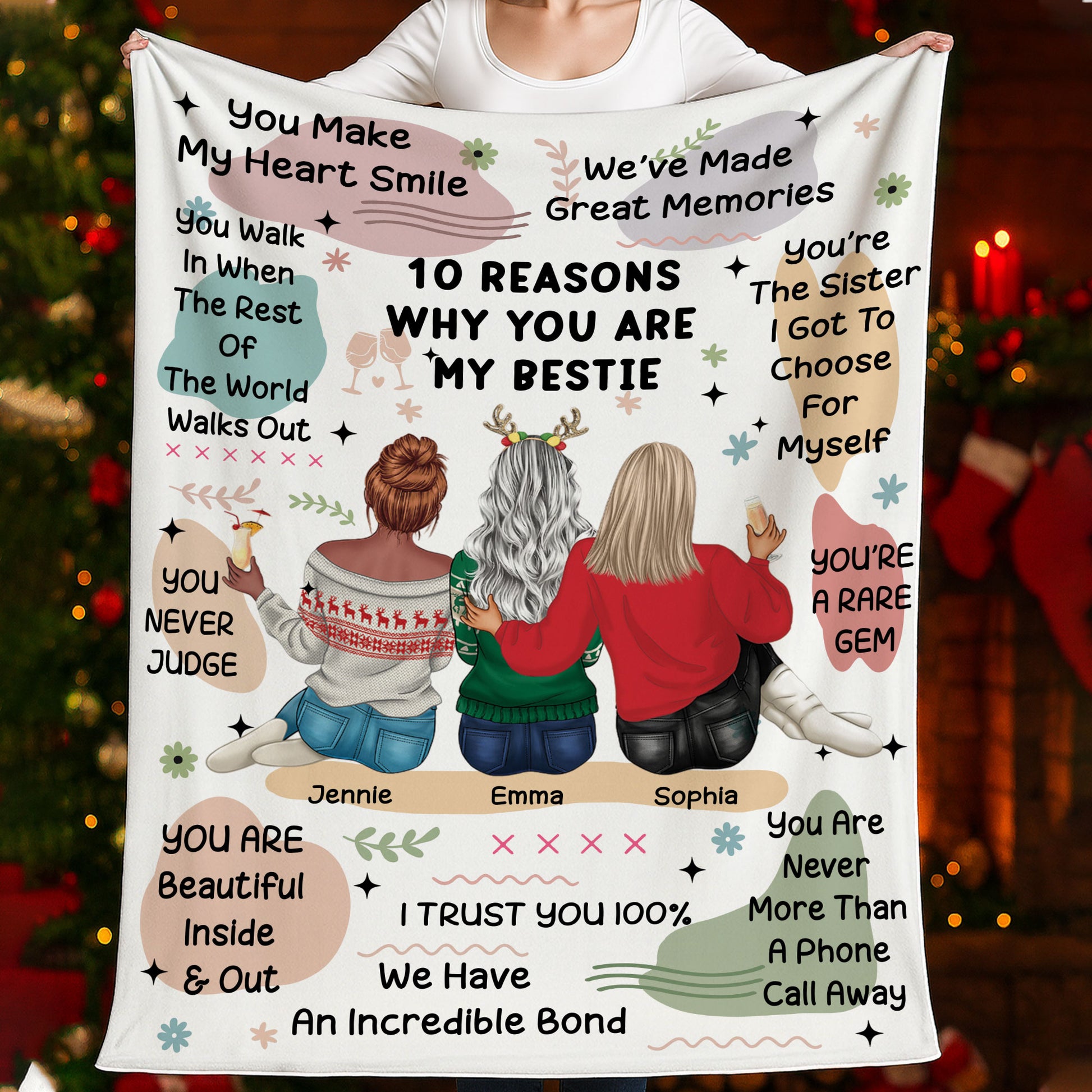 Personalized "10 Reasons Why You're My Bestie" custom blanket, version 2. A unique gift for a best friend.