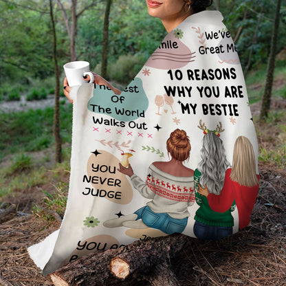 Personalized "10 Reasons Why You're My Bestie" custom blanket, version 2. A unique gift for a best friend.
