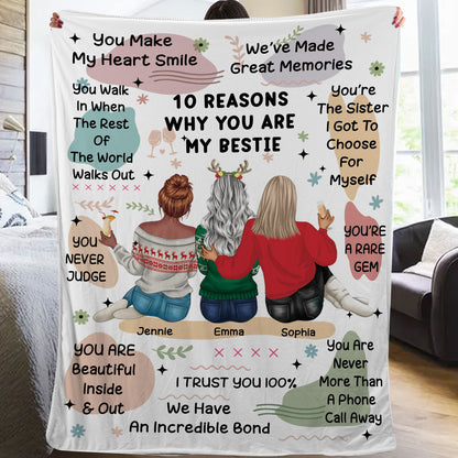 Personalized "10 Reasons Why You're My Bestie" custom blanket, version 2. A unique gift for a best friend.