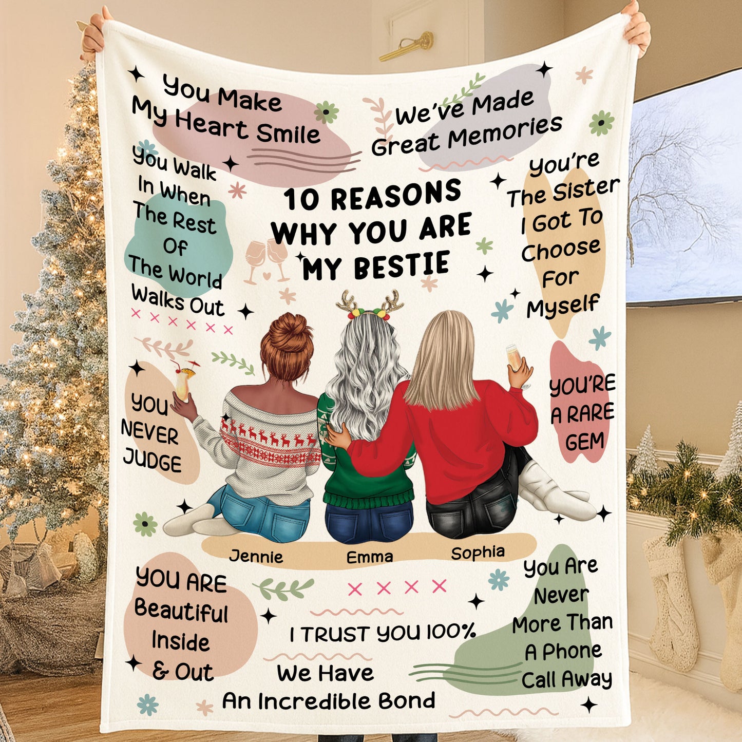 Personalized "10 Reasons Why You're My Bestie" custom blanket, version 2. A unique gift for a best friend.