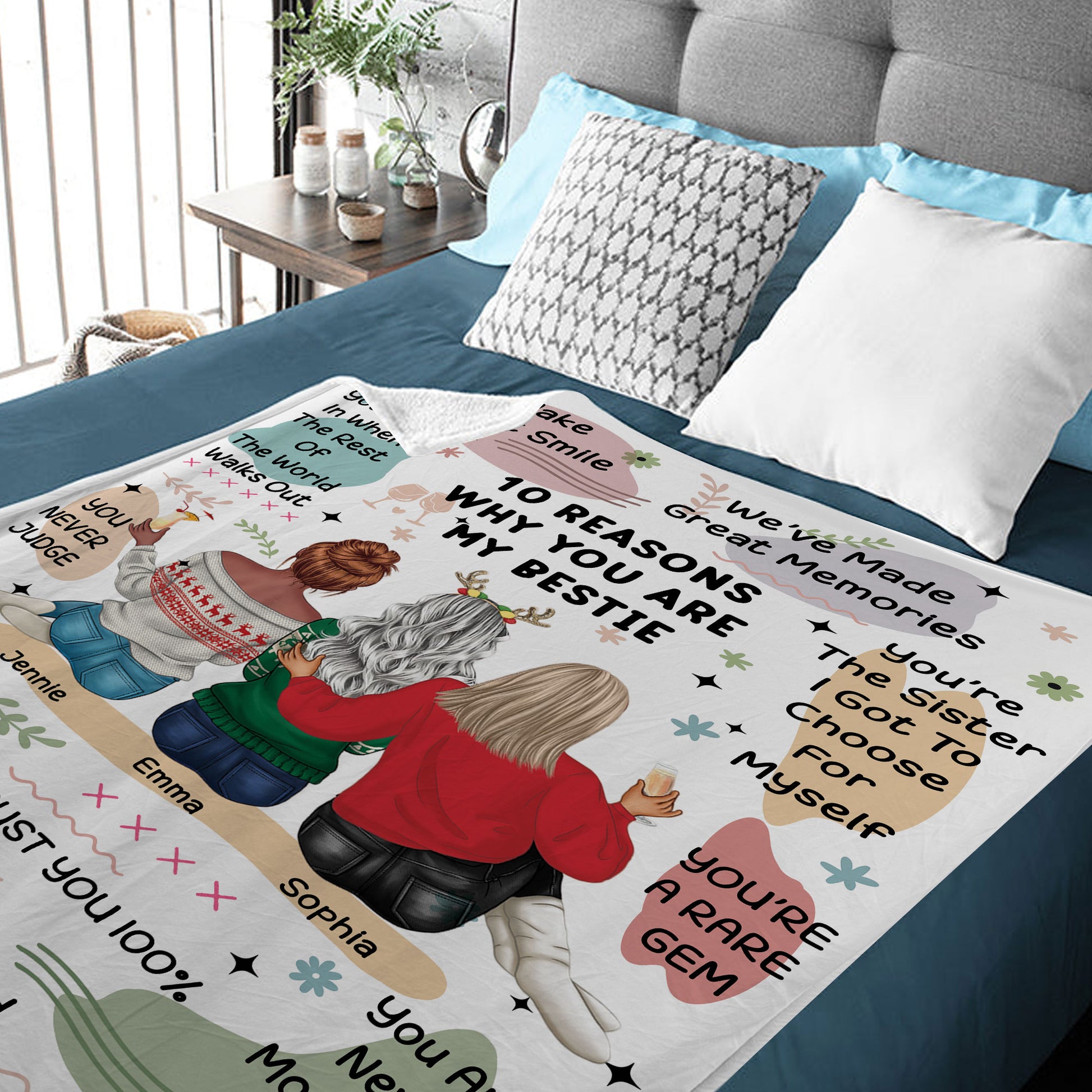 Personalized "10 Reasons Why You're My Bestie" custom blanket, version 2. A unique gift for a best friend.