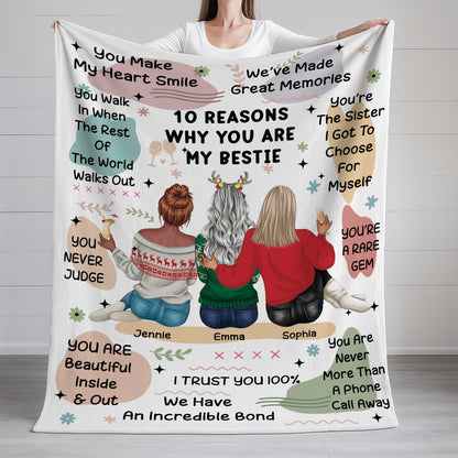 Personalized "10 Reasons Why You're My Bestie" custom blanket, version 2. A unique gift for a best friend.