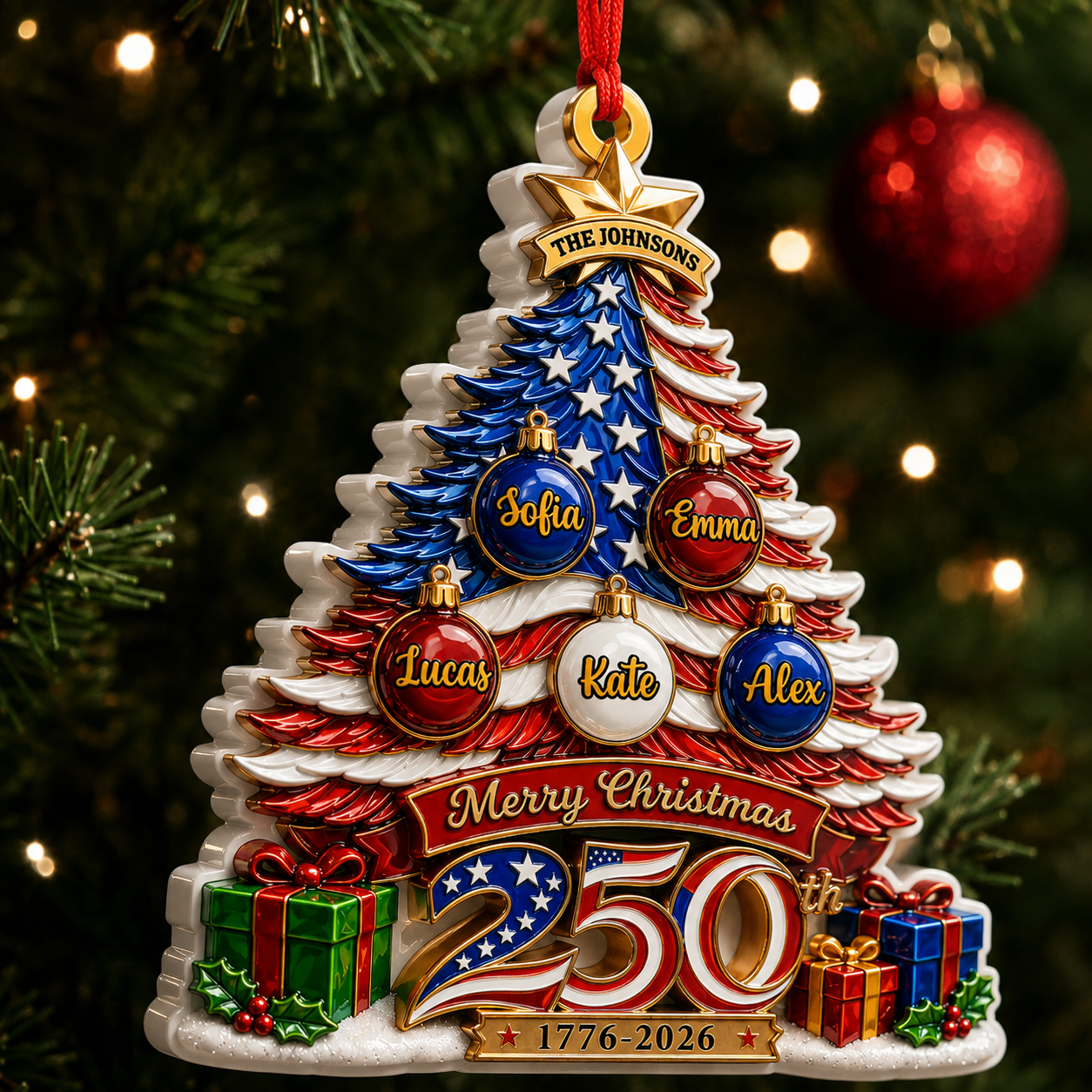 Our Patriotic Family Christmas Custom Names - Real 3D Relief Ornament 2