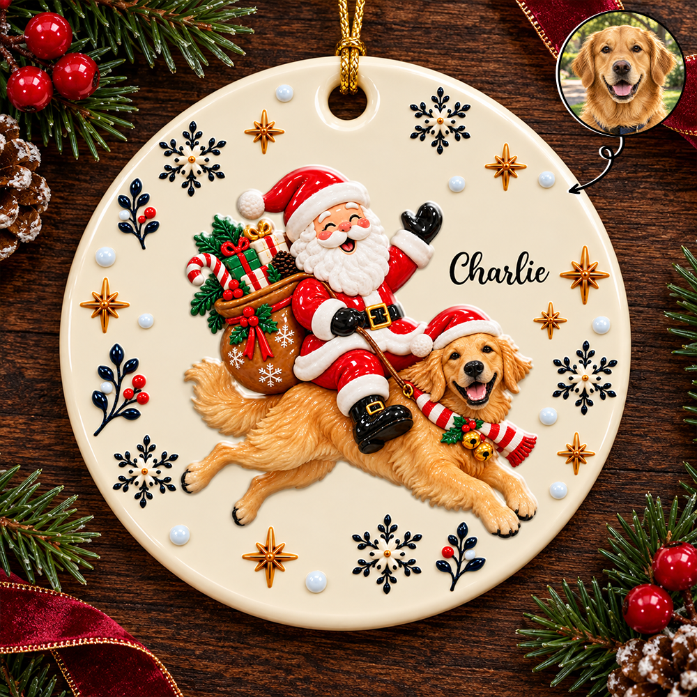 Santa On Dog's Back Upload Pet Photo Merry Christmas - Real 3D Relief Ornament