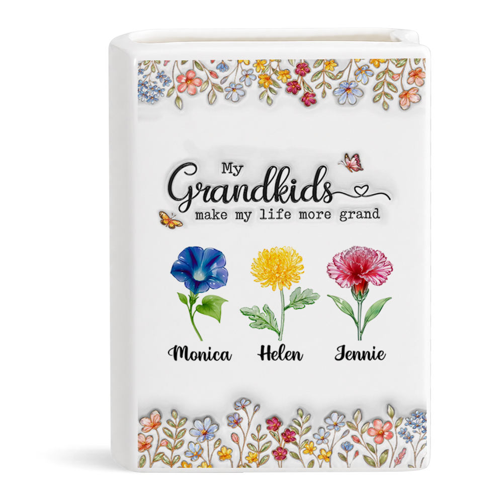 Grandkids Make Life Grand Floral 3D - Personalized Ceramic Book Vase