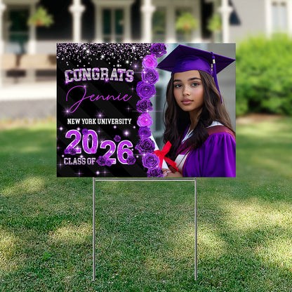 Class Of 2026 Roses Glitter Lawn Sign, Graduation Gift - Personalized Graduation Yarn Sign With Stake