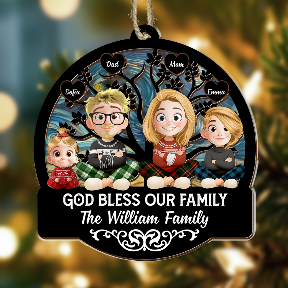God Bless Our Family Christmas - Personalized Window Hanging Suncatcher Ornament