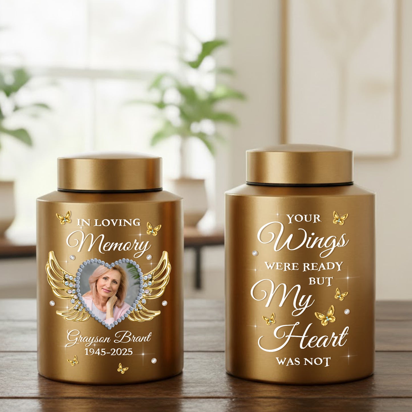In Loving Memories Miss You Photo -  Keepsake Wings Urn for Ashes - Stainless Steel Urn