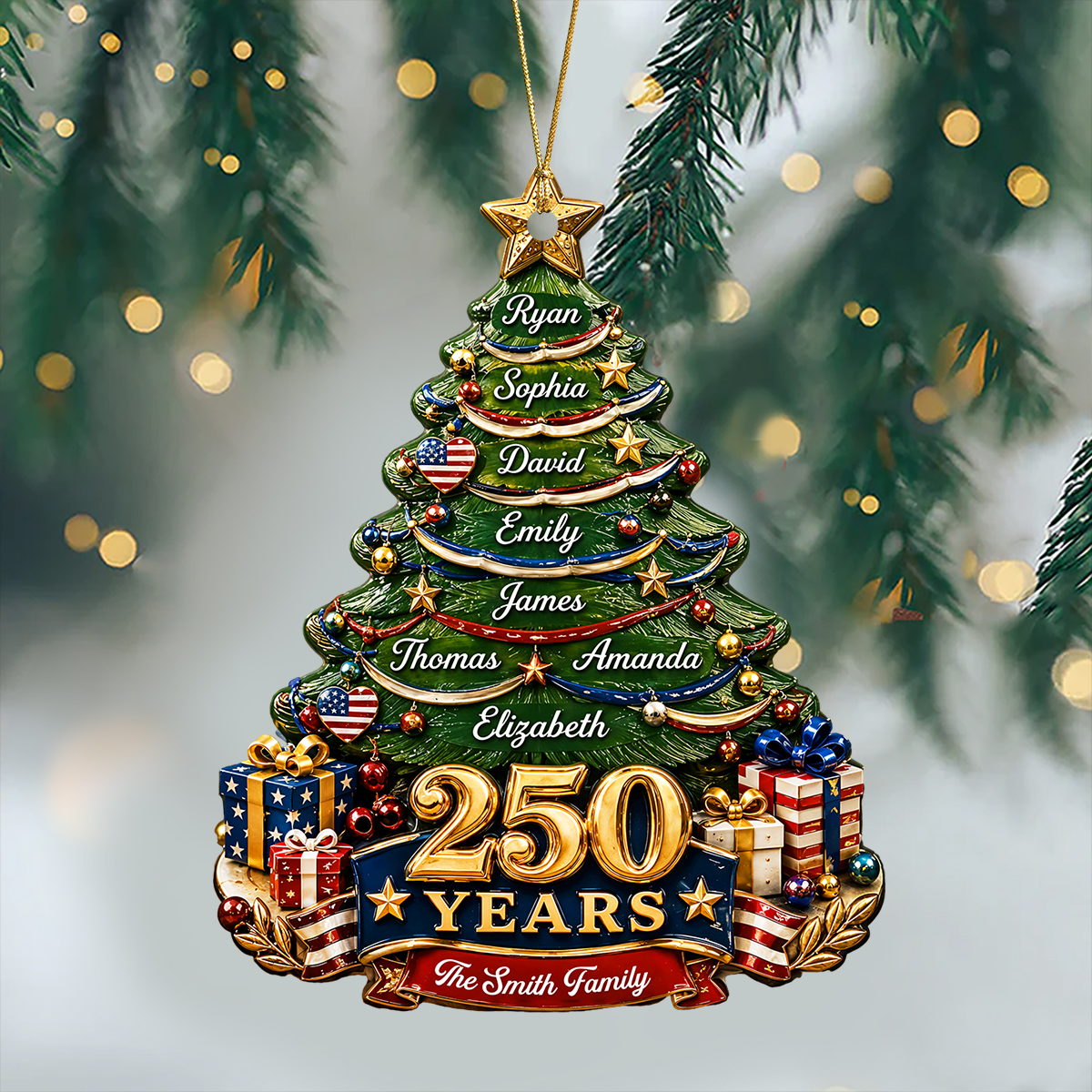 Christmas Tree Custom Family Name Personalized 250th America  - Real 3D Relief Ornament