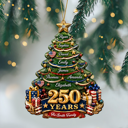 Christmas Tree Custom Family Name Personalized 250th America  - Real 3D Relief Ornament