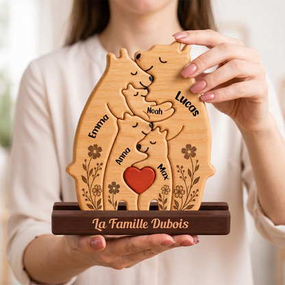 Personalized Floral Bear Family Puzzle - Custom Wooden Name Puzzle