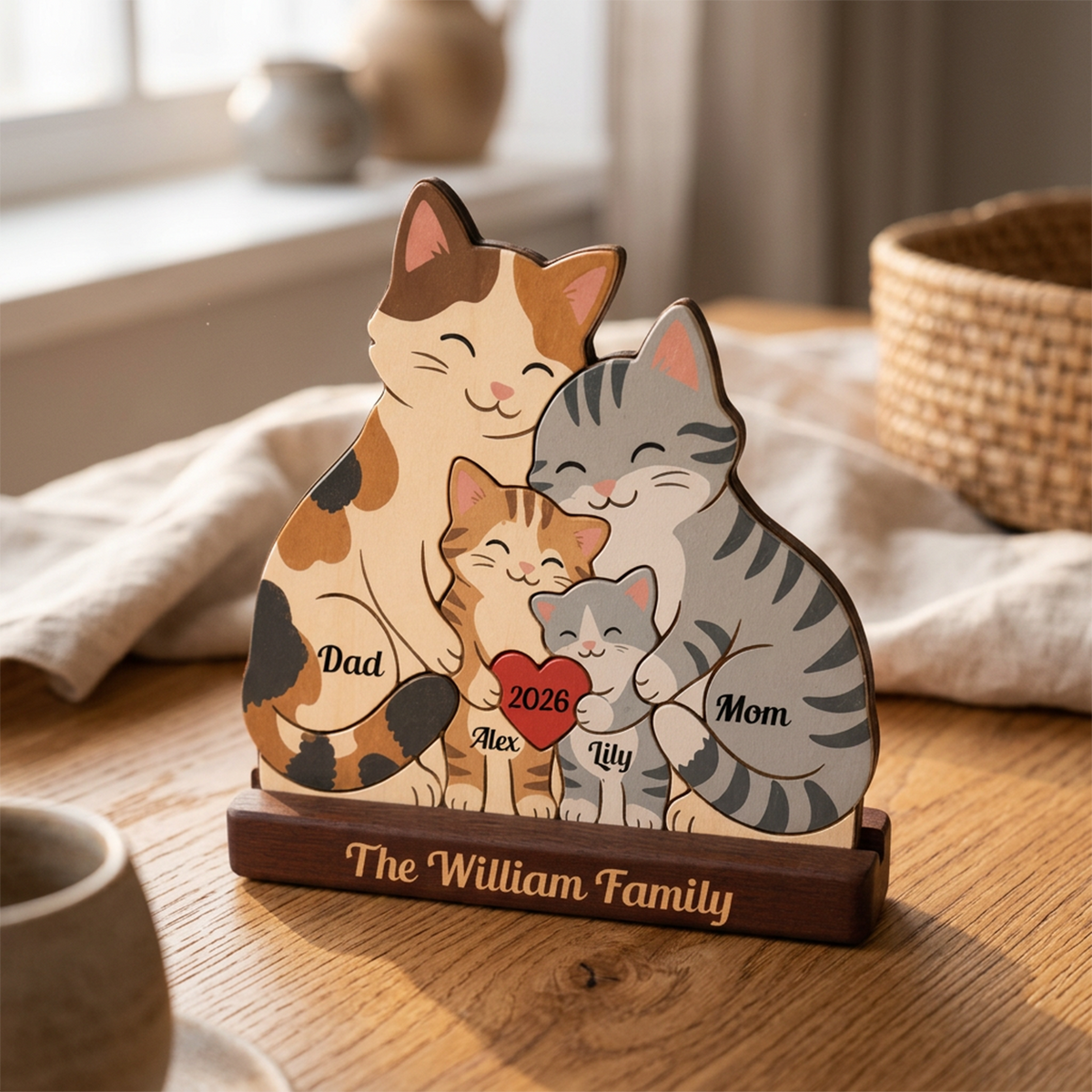 Personalized Cat Family Puzzle - Custom Premium Wooden Name Puzzle - Christmas Gifts