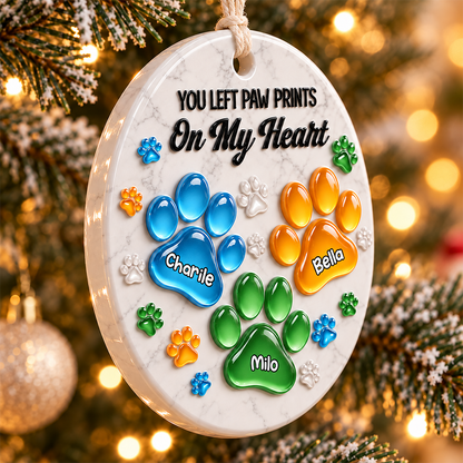 Personalized Pet Christmas Memorial Sympathy Gifts For Dogs, Cats - Pawprints On My Heart - Real 3D Relief Ornament