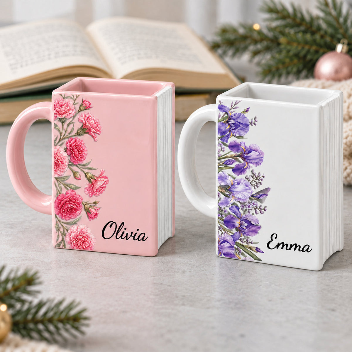 Flowers Month Book Lovers Shaped Mug - Personalized Name Gifts - Best Friend, Christmas & Birthday Friendship Keepsake Gift