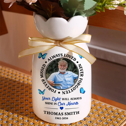 Custom Photo Memorial Always Loved Never Forgotten - Personalized Custom Ribbon Tie Flower Vase