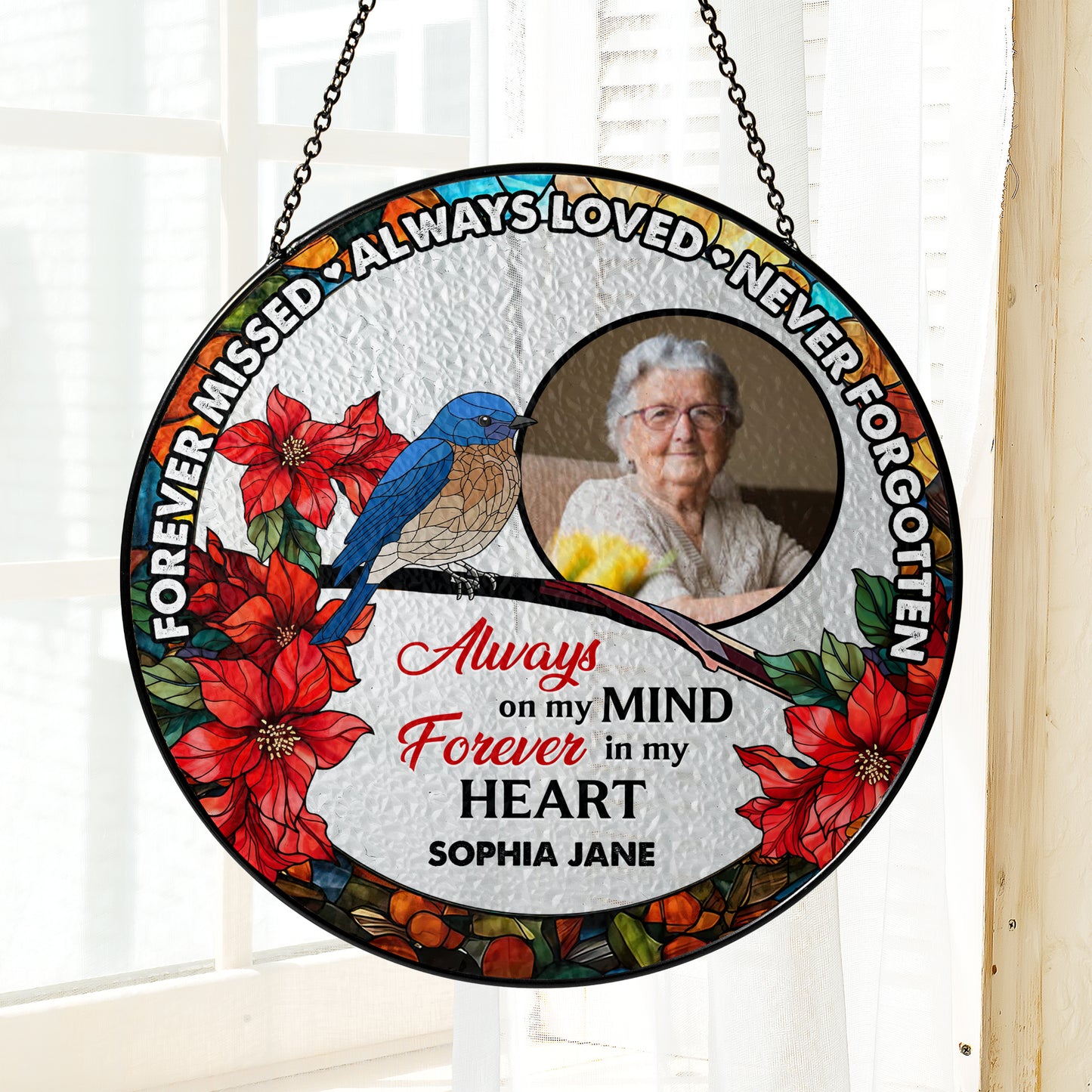 Never Forgotten - Personalized Photo Stained Glass Window Hanging Suncatcher