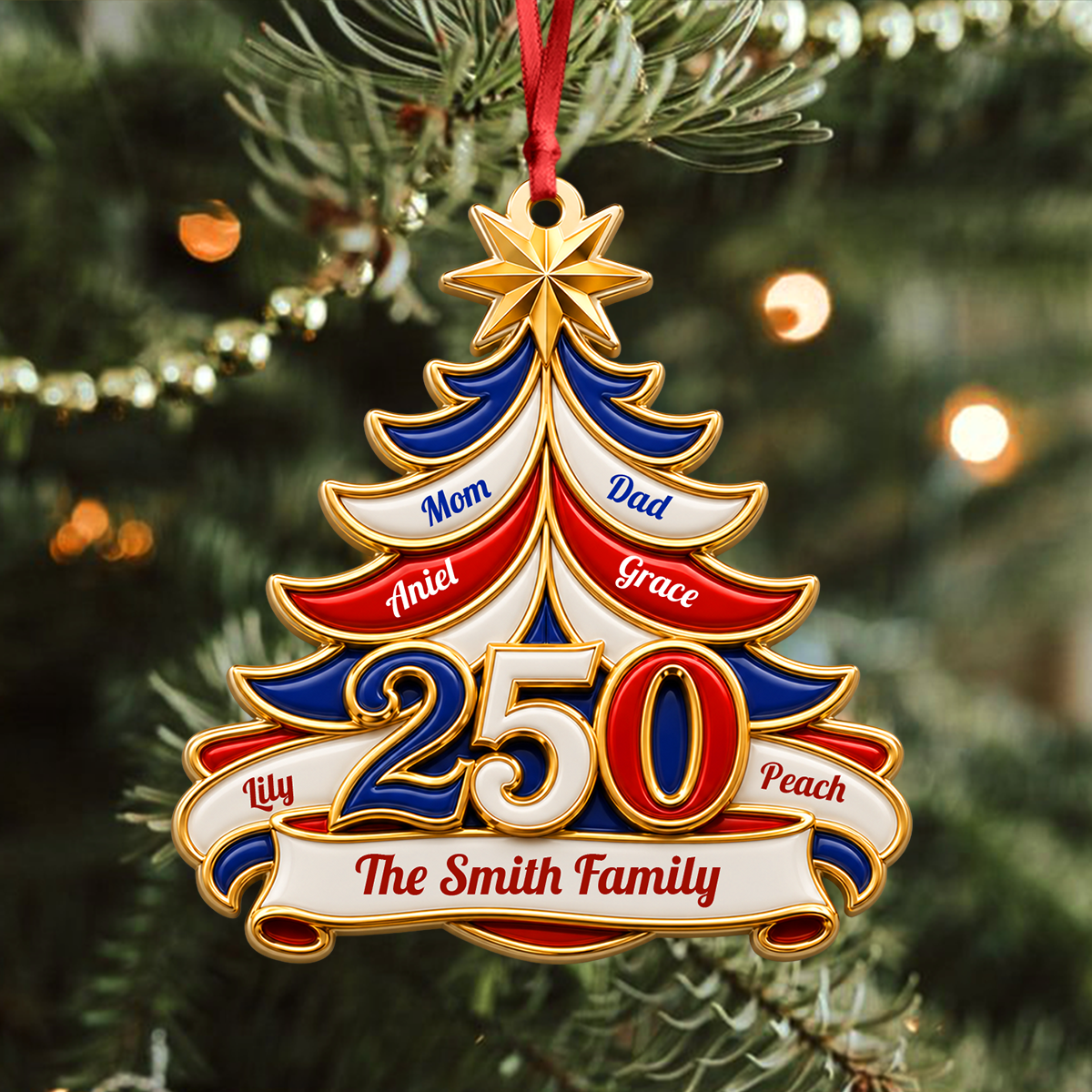 America 250 Christmas Tree Ornament with Family Names - Real 3D Relief Ornament