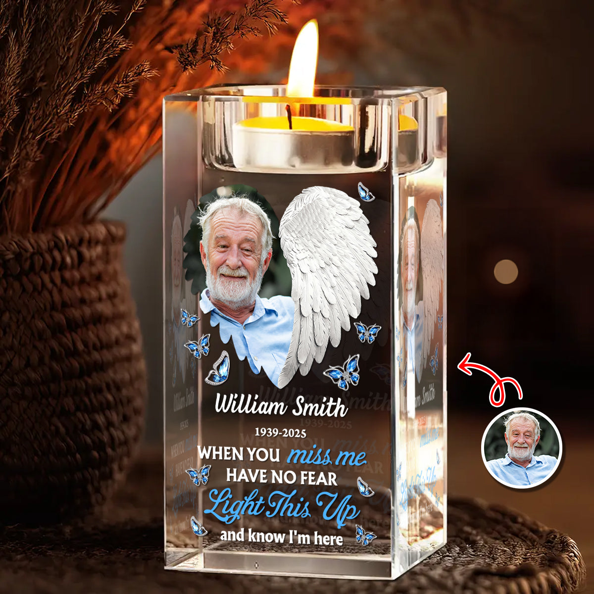 In Loving Memory Wings Blessing Memorial - Personalized Crystal Candle Holder
