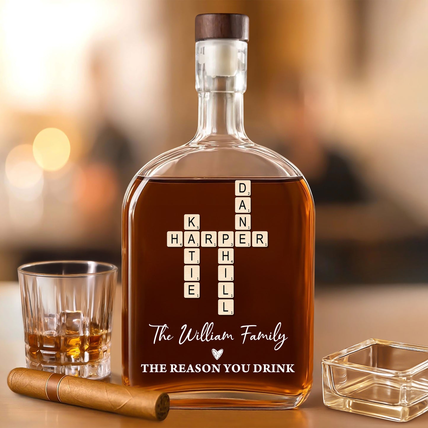 Crossword Puzzle Art - Our Family Personalized Custom Whiskey Bottle