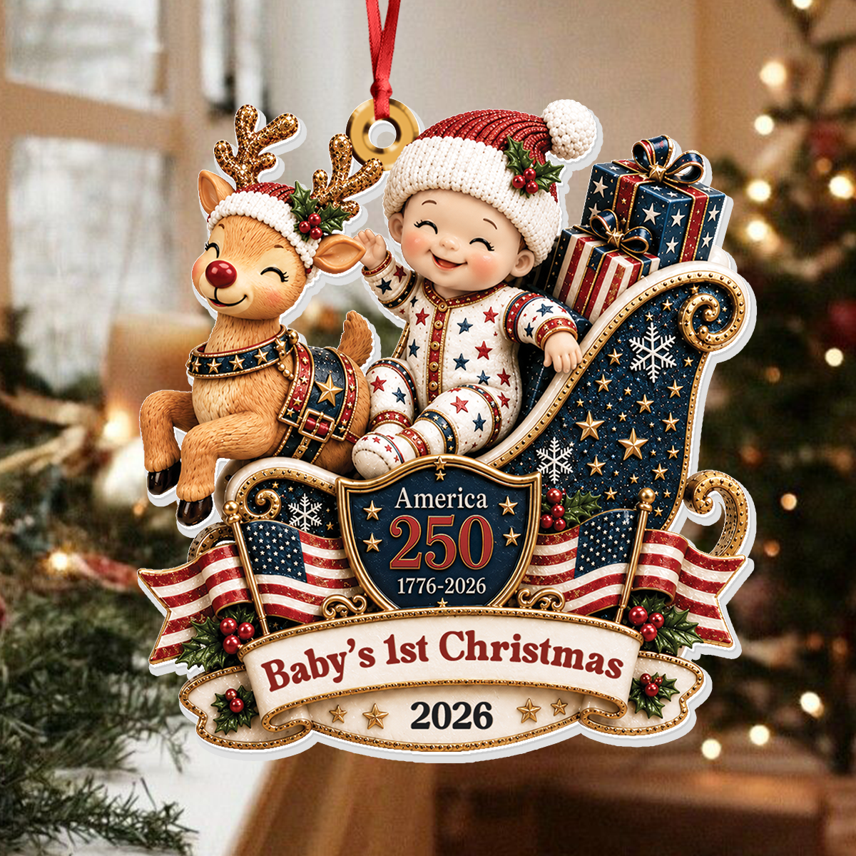 Baby's 1st Christmas In Sleigh America 250th Anniversary - Real 3D Relief Ornament